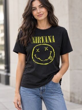 NIRVANA Black Tee with Yellow Smiley Graphic - Kids' Short Sleeve
